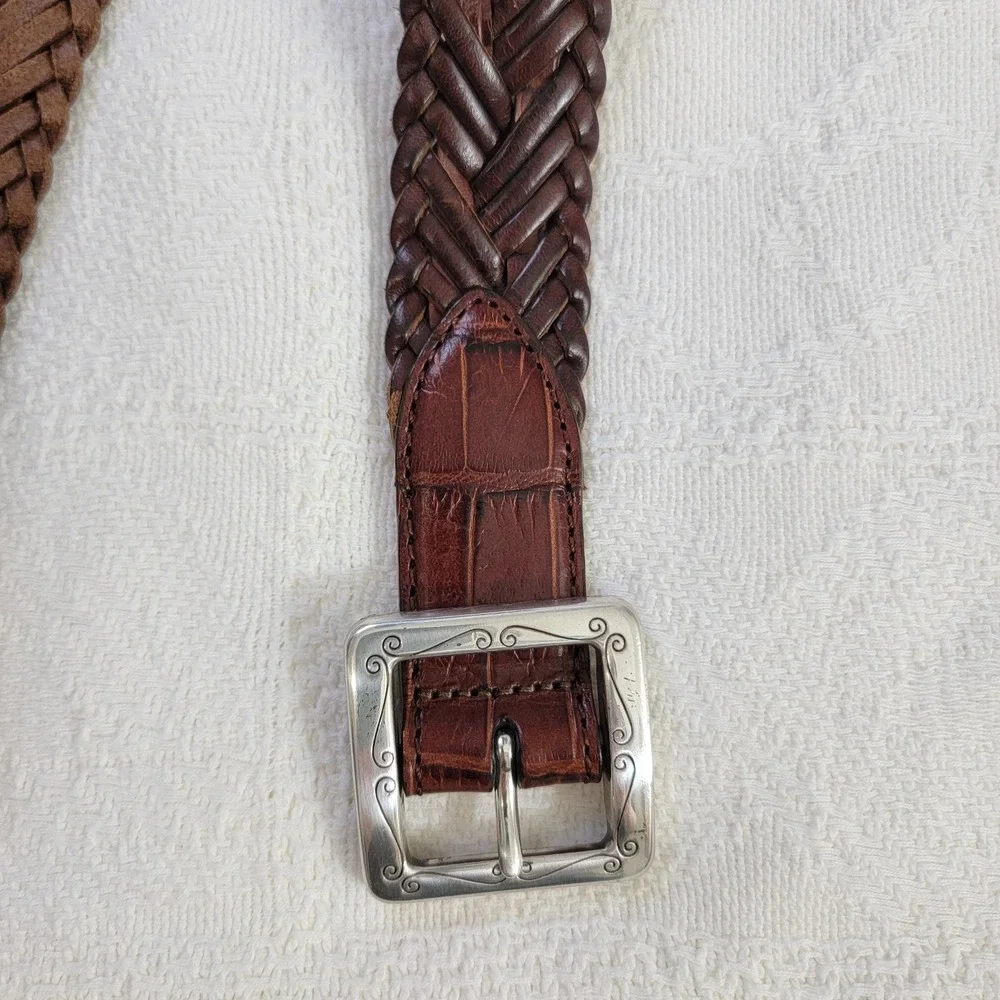 Brighton Mens Brown Braided Leather Belt Engraved Silver‎ Buckle Q6607 Size 28